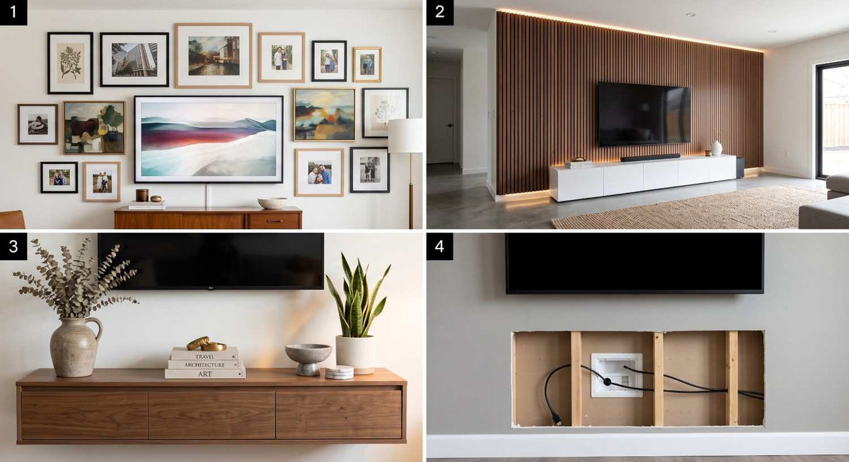 Gallery wall frames decorating around a wall mounted TV.