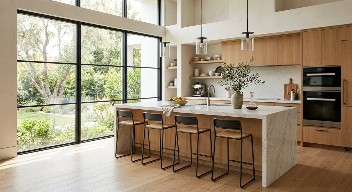 Modern kitchen island featuring stylish metal counter stools at standard 36-inch counter height