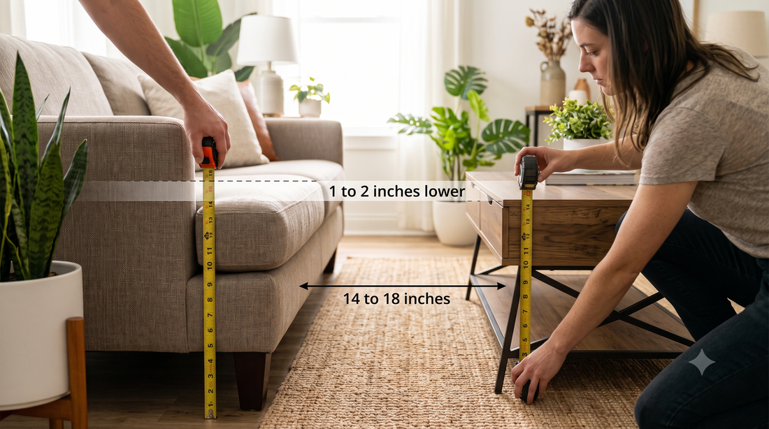 Woman measuring 16 to 18 inch coffee table height next to sofa
