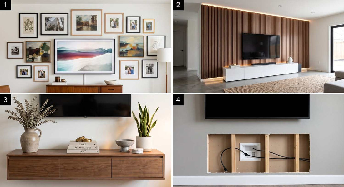 Gallery wall frames decorating around a wall mounted TV.