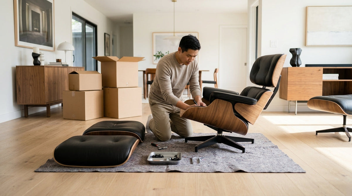 A homeowners reassembling a modern lounge chair in a stylish new living room after a move.