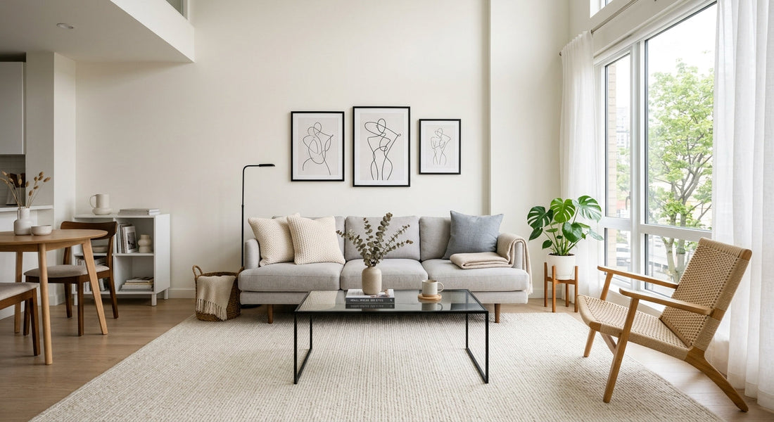 Low-profile dark grey sofa paired with a clear glass coffee table in a modern bright apartment living room