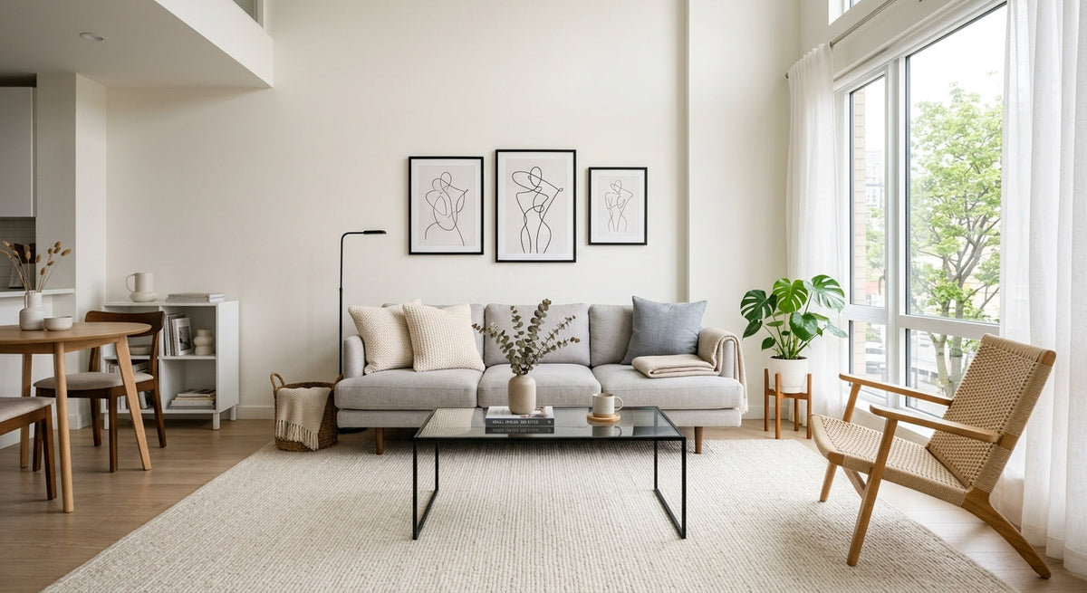 Low-profile dark grey sofa paired with a clear glass coffee table in a modern bright apartment living room