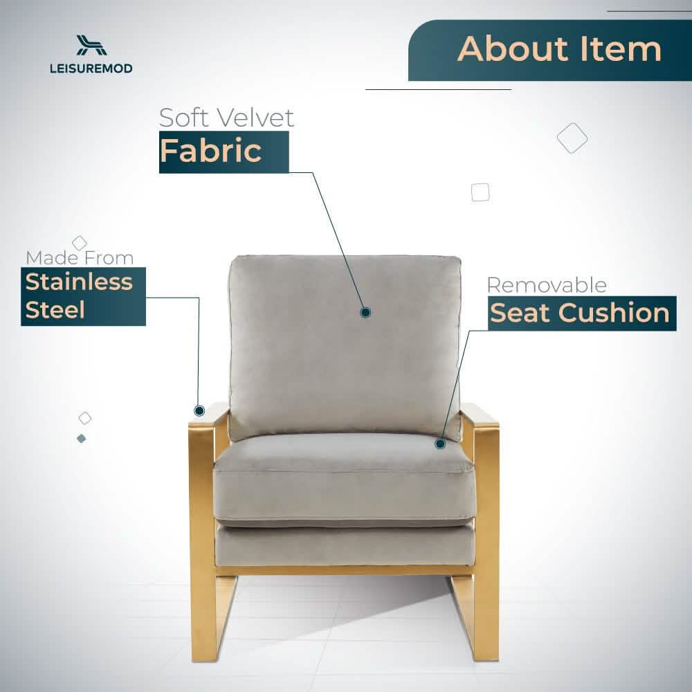 Jefferson Accent Armchair Upholstered in Velvet/Leather and Gold/Silver Metal Frame