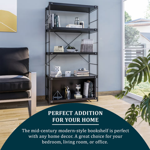 Brentwood Etagere Bookcase with Black Powder Coated Steel Frame and Melamine Board Shelves