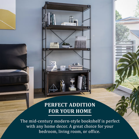 Brentwood Etagere Bookcase with Black Powder Coated Steel Frame and Melamine Board Shelves