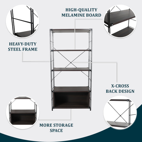 Brentwood Etagere Bookcase with Black Powder Coated Steel Frame and Melamine Board Shelves