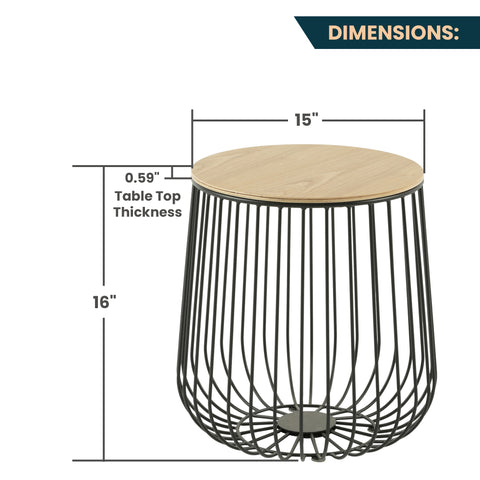 Runswick Round End Table Wood Tabletop With Steel Drum Base for Storage