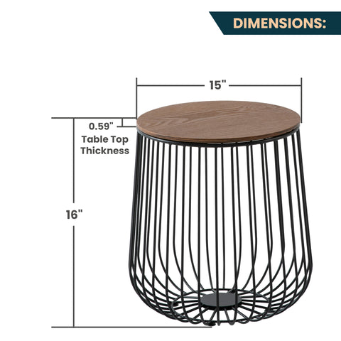 Runswick Round End Table Wood Tabletop With Steel Drum Base for Storage