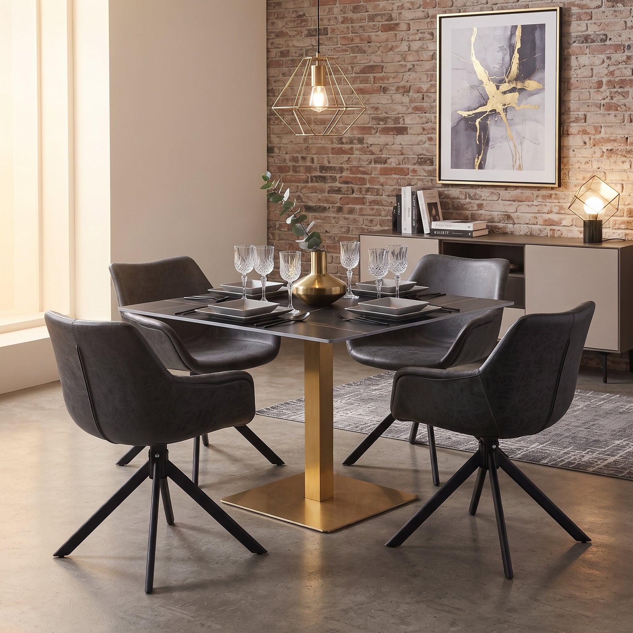 Avenue Collection 35" Square Sintered Stone Top Dining Table in Gold Iron Base