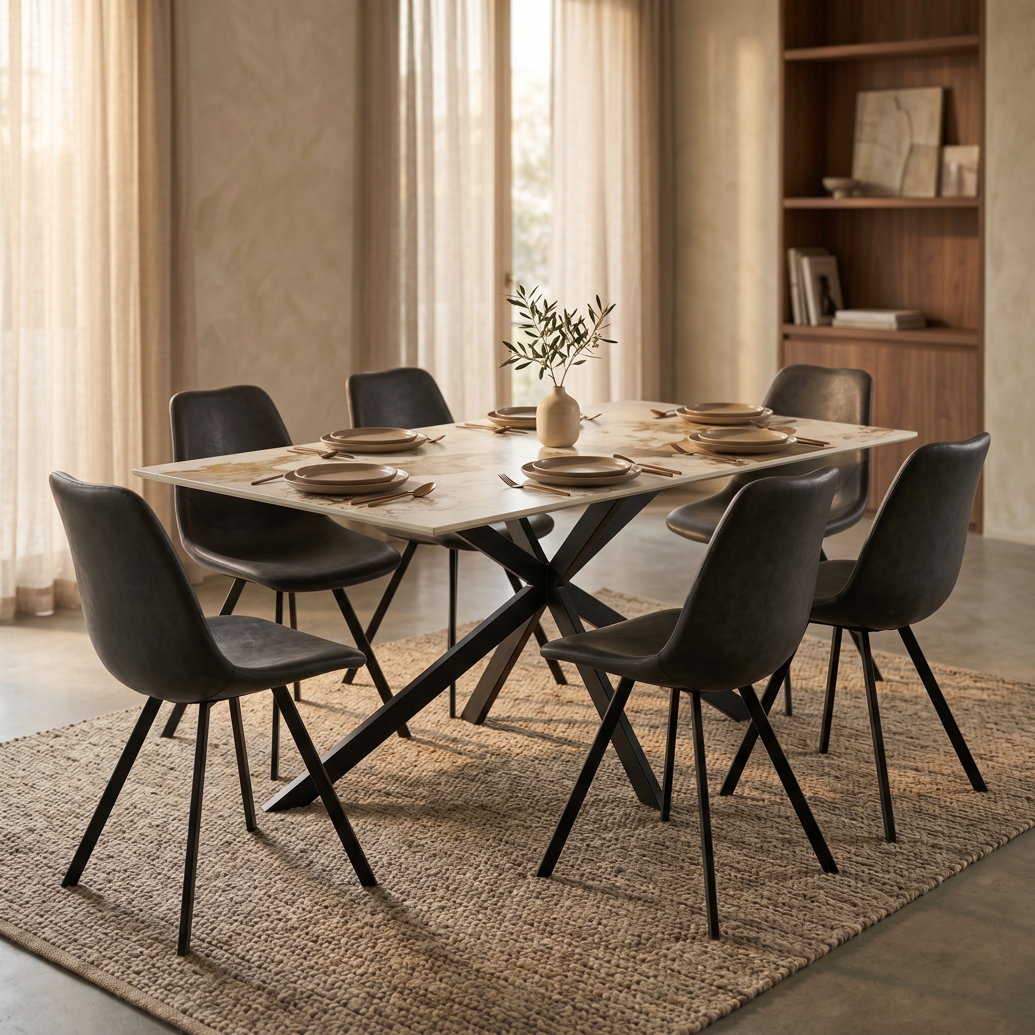 Apex 48 in. Rectangular Dining Table with Sintered Stone Tabletop in Black Steel Base