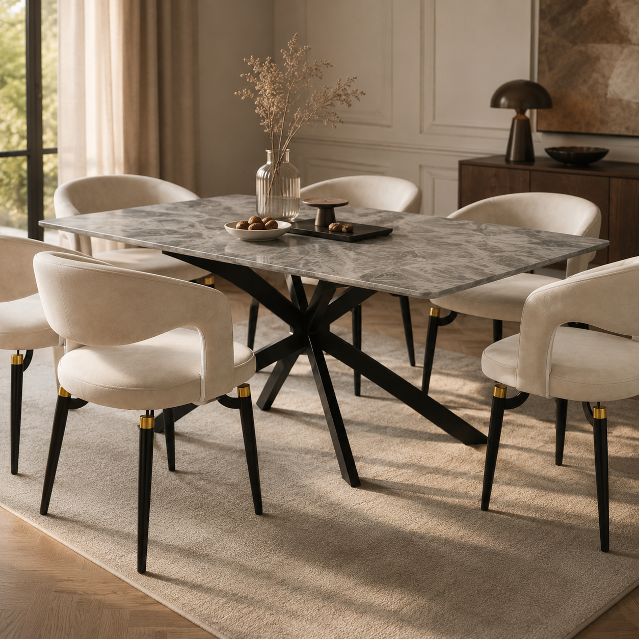 Apex 48 in. Rectangular Dining Table with Sintered Stone Tabletop in Black Steel Base