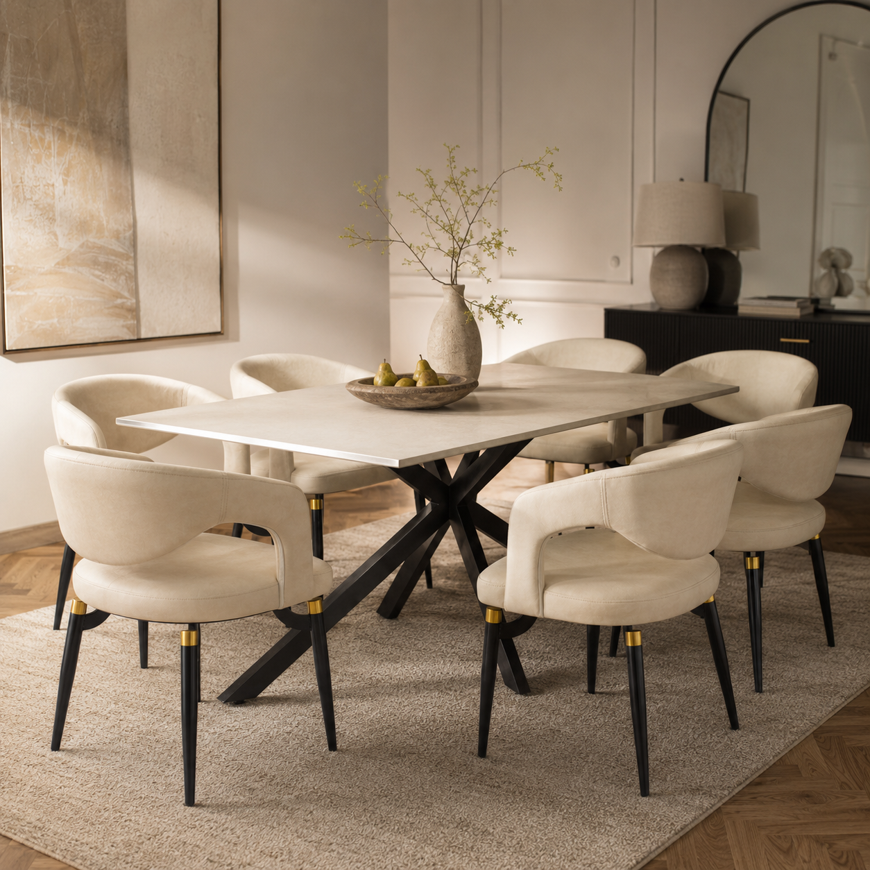 Apex 48 in. Rectangular Dining Table with Sintered Stone Tabletop in Black Steel Base