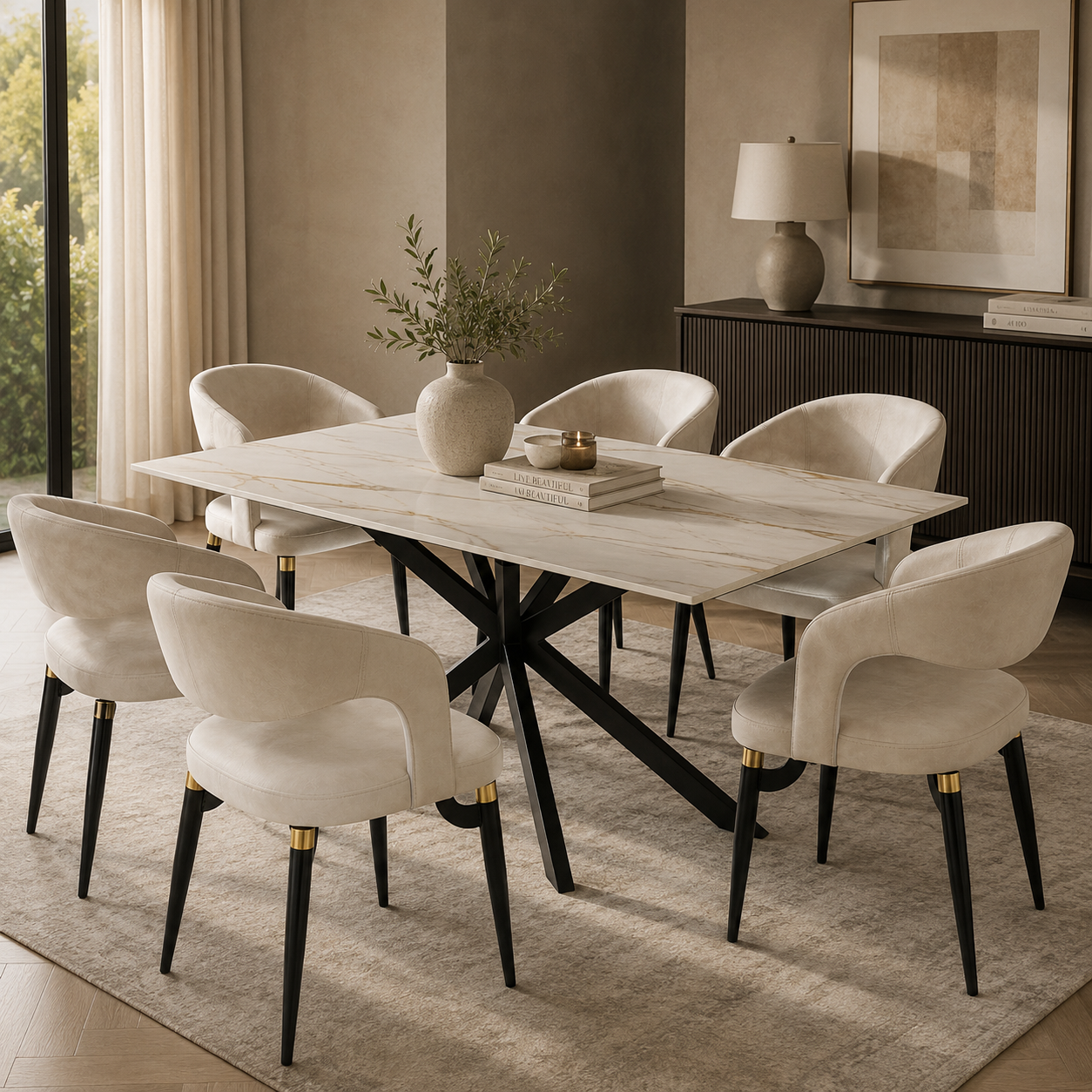 Apex 48 in. Rectangular Dining Table with Sintered Stone Tabletop in Black Steel Base