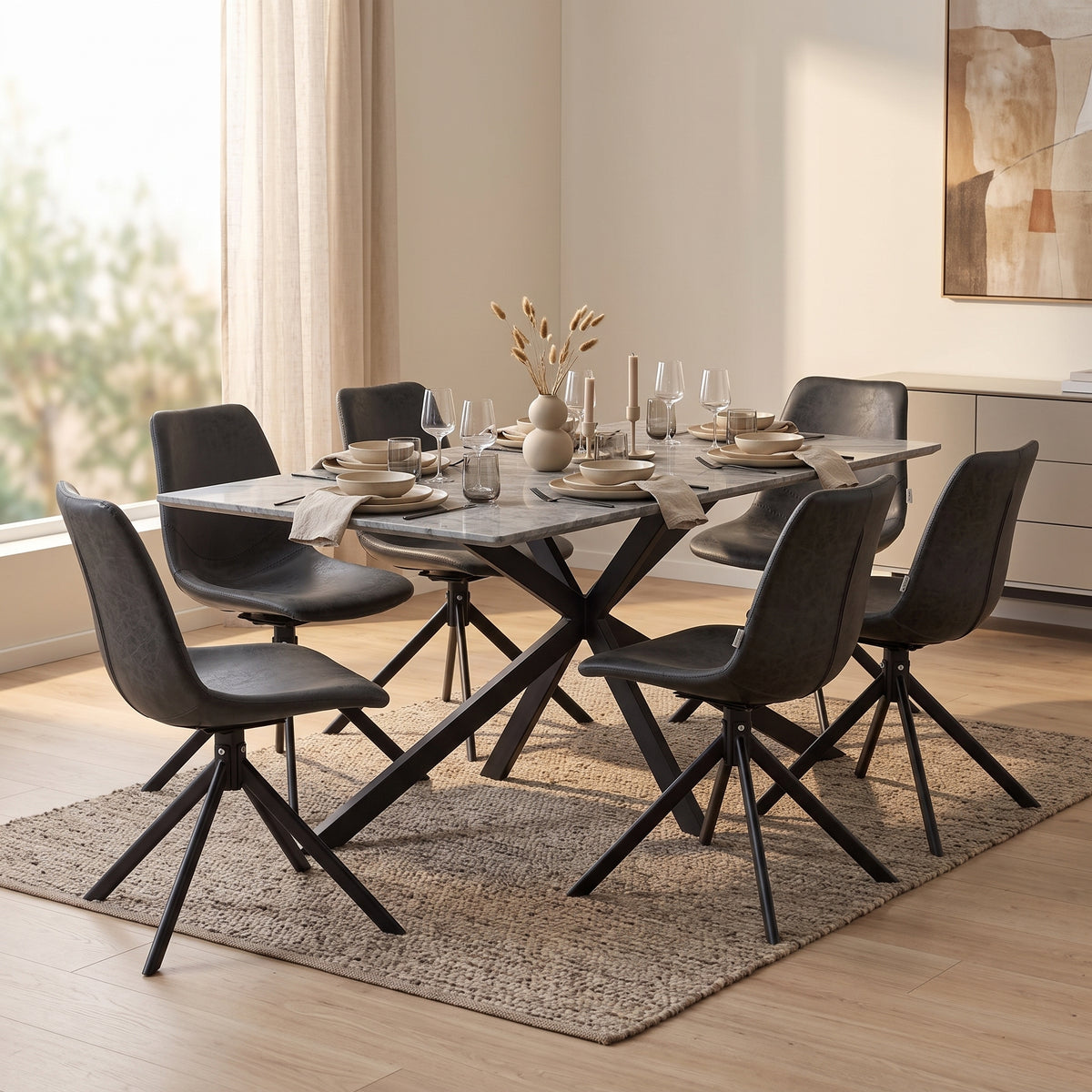 Apex Rectangular Dining Table with Sintered Stone Tabletop in Black Steel Base