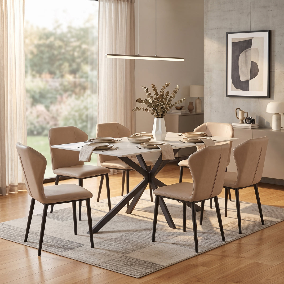 Apex Rectangular Dining Table with Sintered Stone Tabletop in Black Steel Base