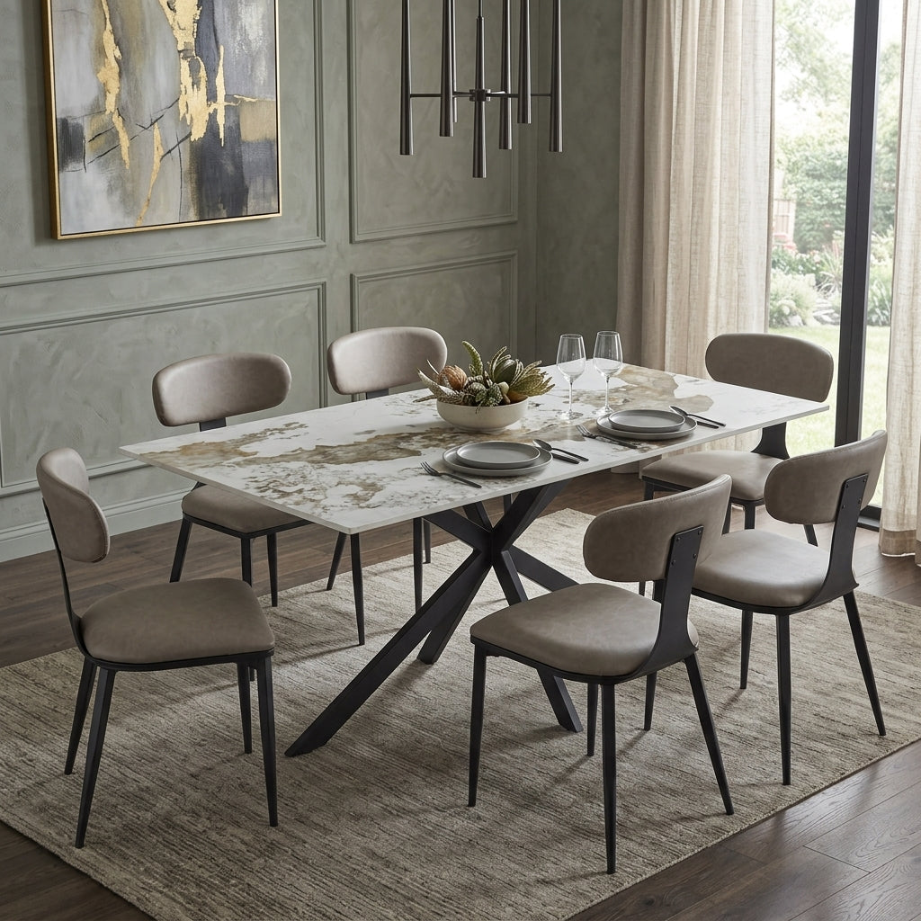 Apex Rectangular Dining Table with Sintered Stone Tabletop in Black Steel Base