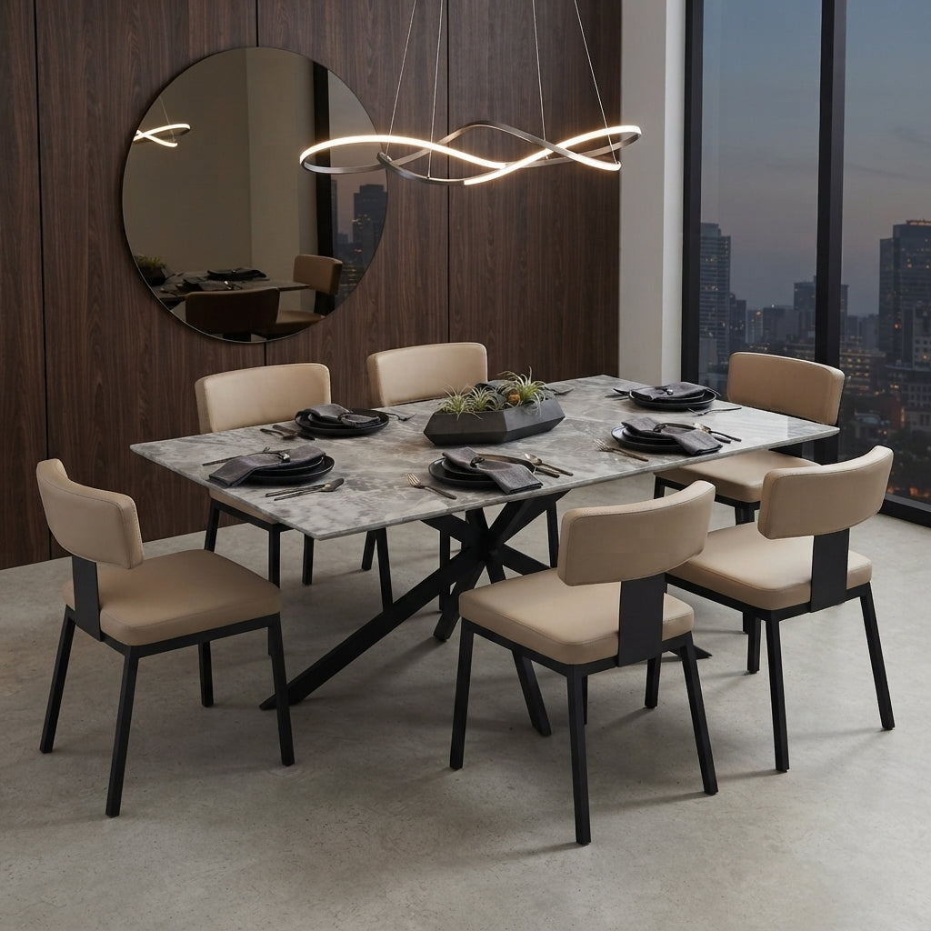 Apex Rectangular Dining Table with Sintered Stone Tabletop in Black Steel Base