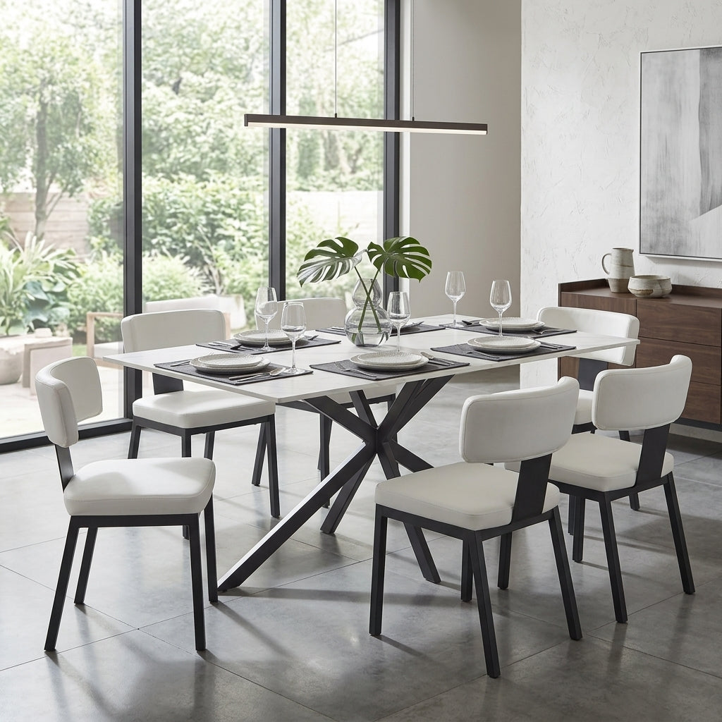 Apex Rectangular Dining Table with Sintered Stone Tabletop in Black Steel Base