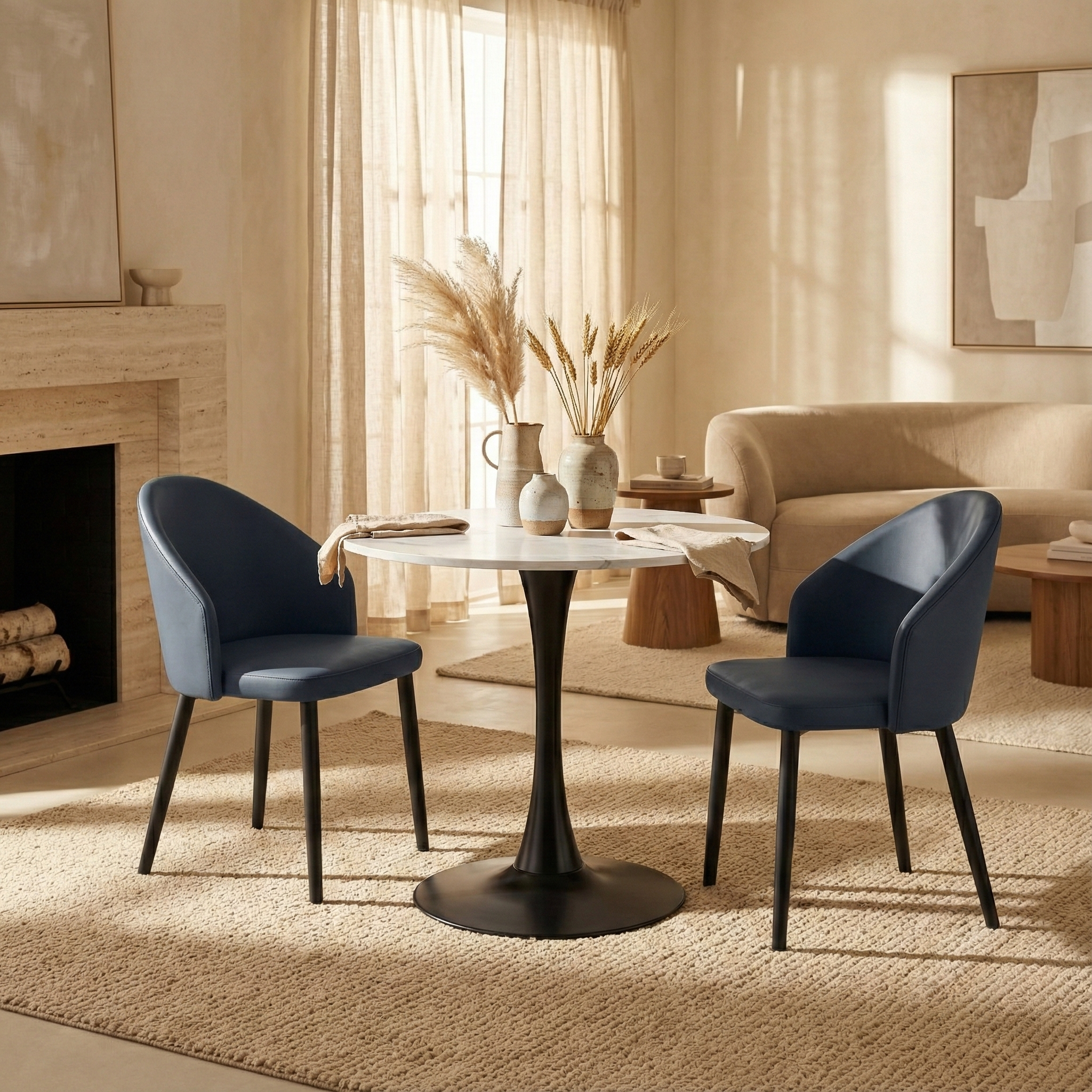 Bristol Round Dining Table with MDF/Sintered Stone/Glass and Bevel Design Tabletop in Black Steel Base