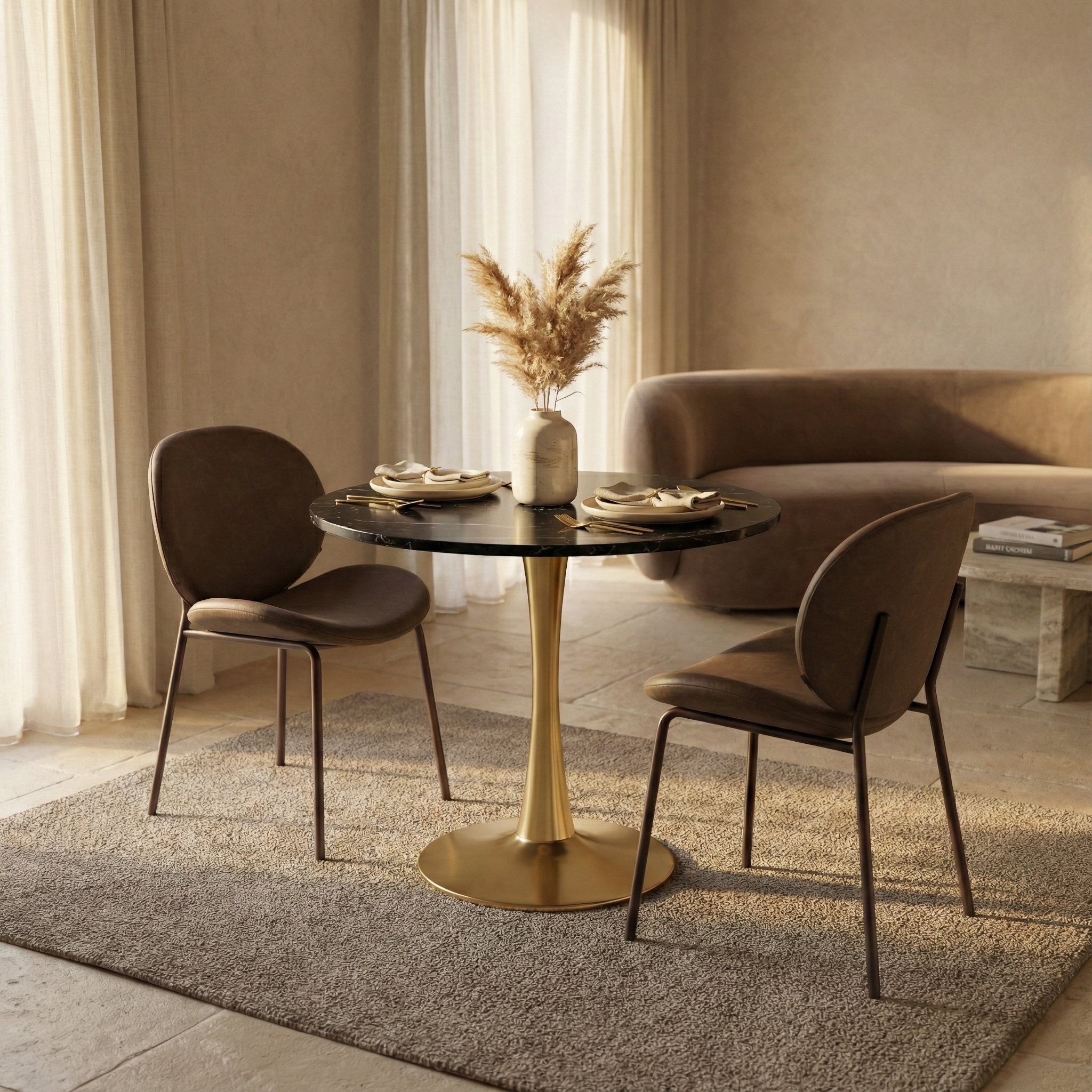Bristol Round Dining Table with MDF/Sintered Stone/Glass Tabletop in Gold Steel