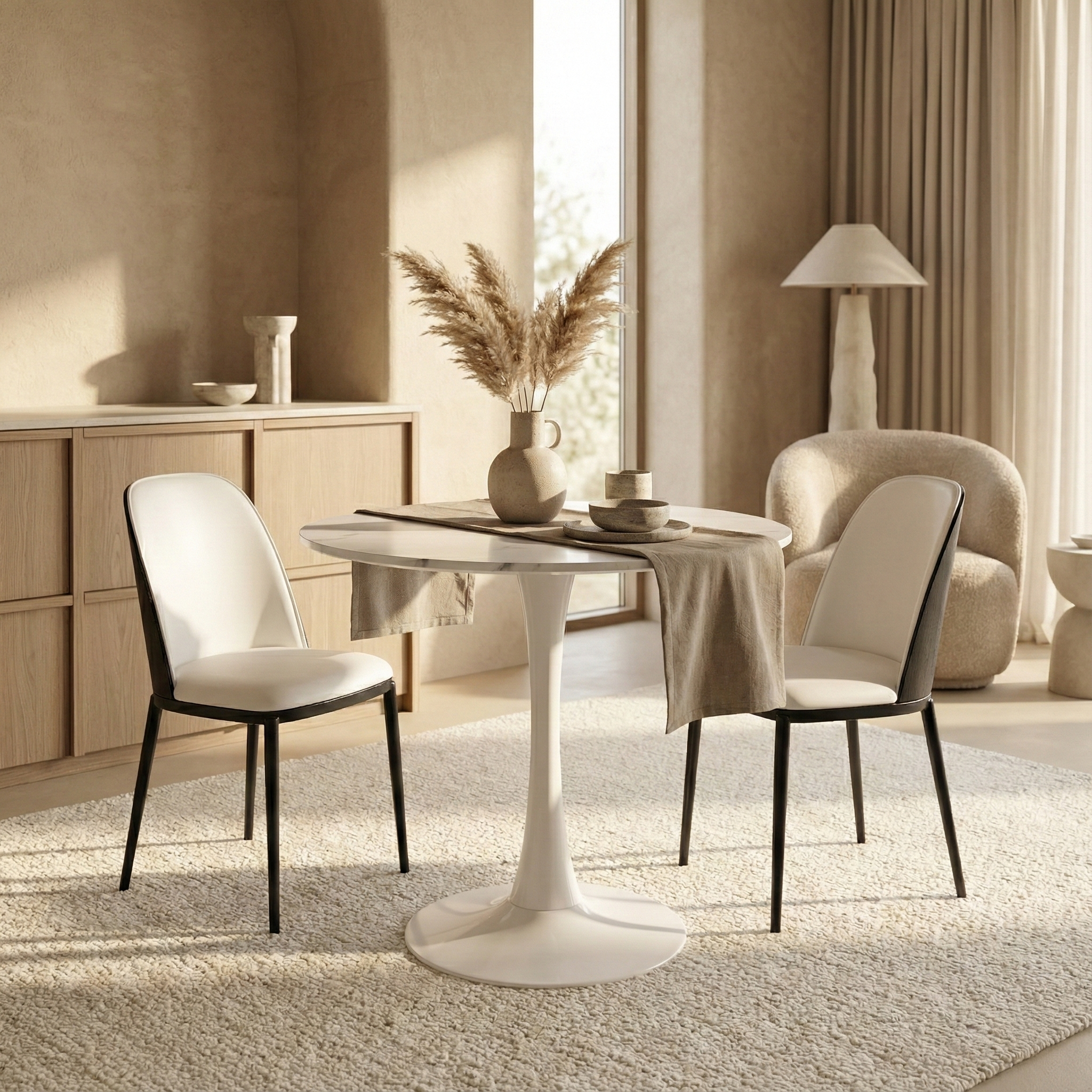 Bristol Round Dining Table with MDF/Sintered Stone/Glass Wood Tabletop in White Steel