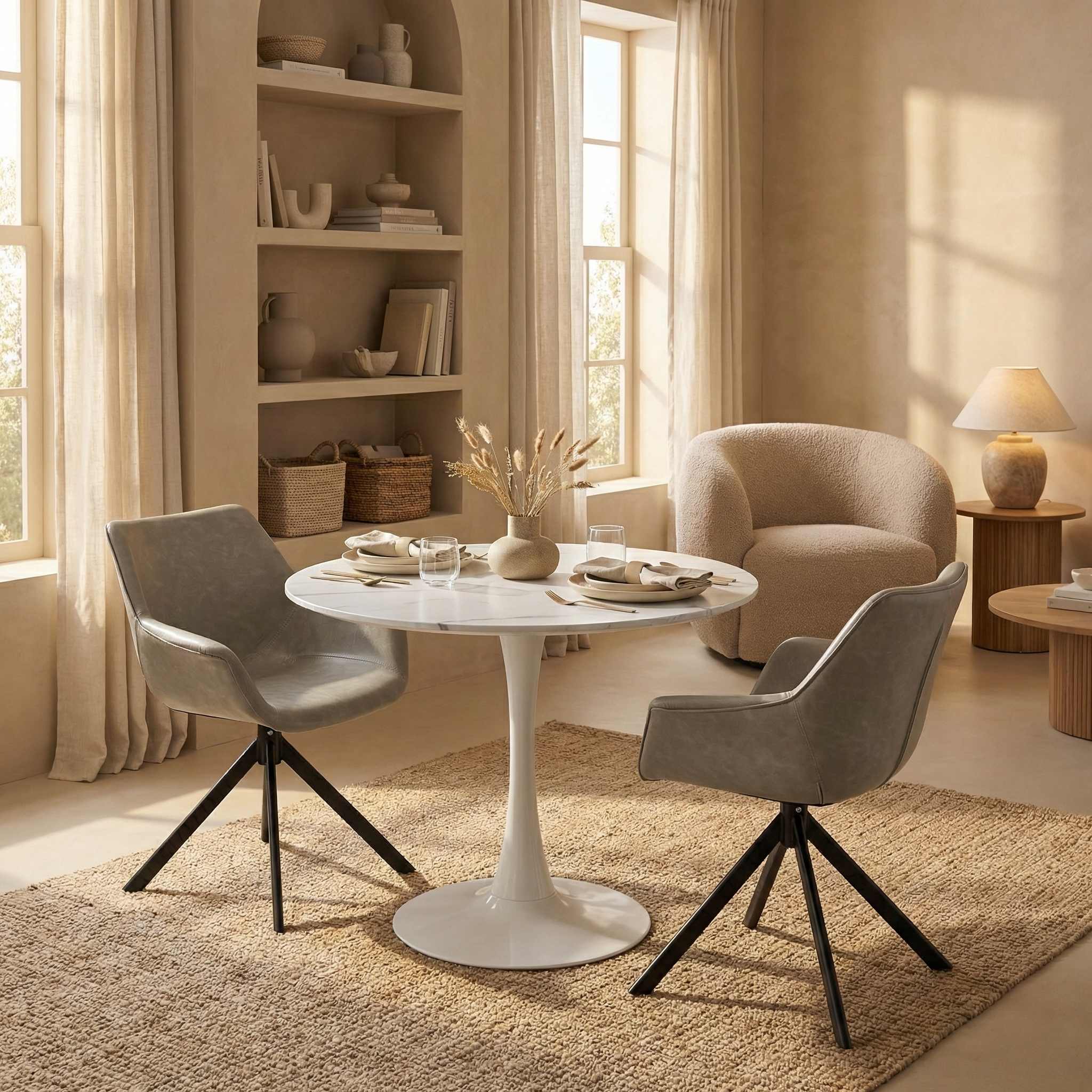 Bristol Round Dining Table with MDF/Sintered Stone/Glass Wood Tabletop in White Steel