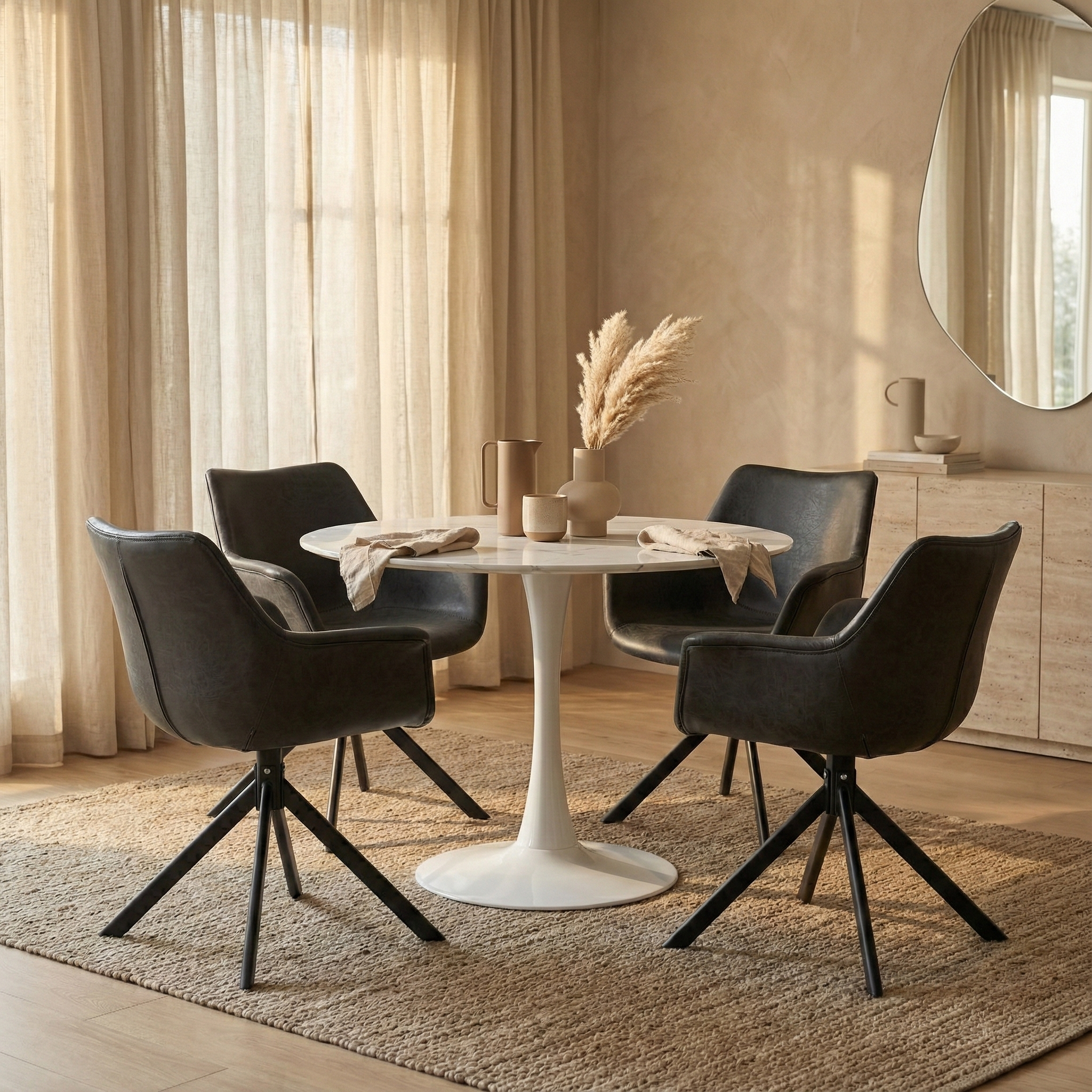 Bristol Round Dining Table with MDF/Sintered Stone/Glass Wood Tabletop in White Steel