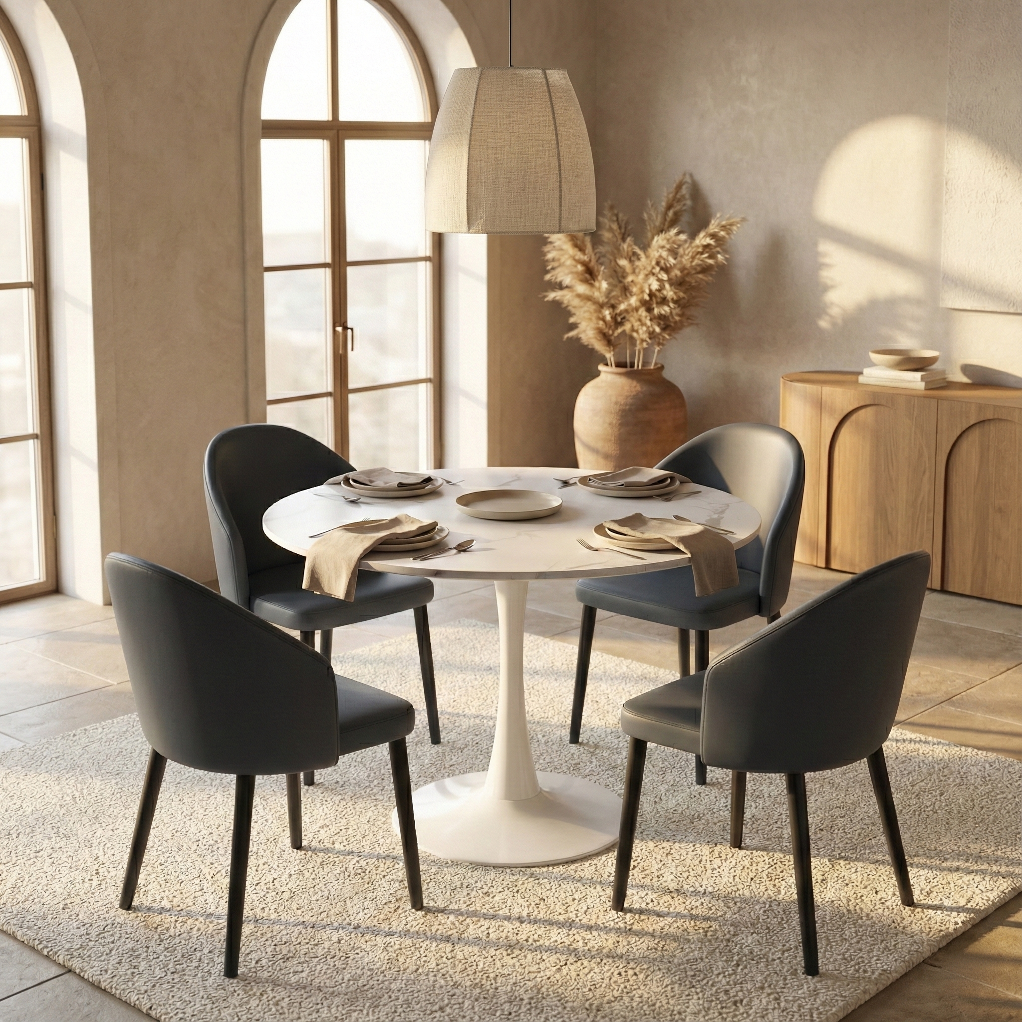 Bristol Round Dining Table with MDF/Sintered Stone/Glass Wood Tabletop in White Steel