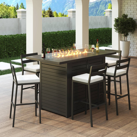 Chelsea 7-Piece Patio Bar Set: Aluminum Fire Pit Table with Tank Holder & 6 Barstools with Cushions