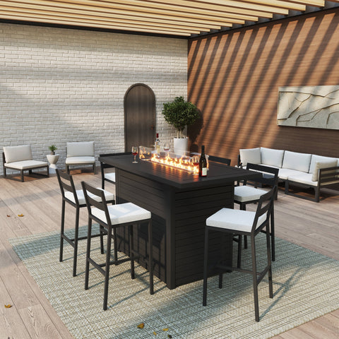 Chelsea 7-Piece Patio Bar Set: Aluminum Fire Pit Table with Tank Holder & 6 Barstools with Cushions