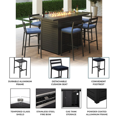 Chelsea 7-Piece Patio Bar Set: Aluminum Fire Pit Table with Tank Holder & 6 Barstools with Cushions