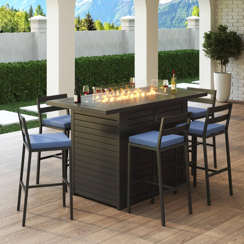 Chelsea 7-Piece Patio Bar Set: Aluminum Fire Pit Table with Tank Holder & 6 Barstools with Cushions