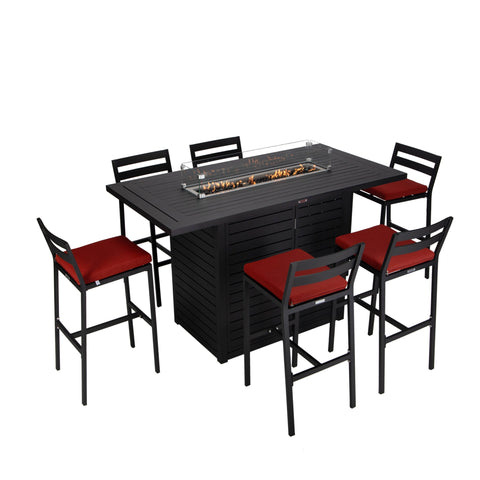 Chelsea 7-Piece Patio Bar Set: Aluminum Fire Pit Table with Tank Holder & 6 Barstools with Cushions