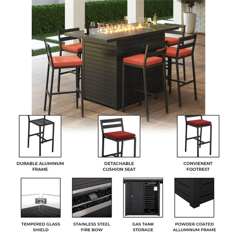 Chelsea 7-Piece Patio Bar Set: Aluminum Fire Pit Table with Tank Holder & 6 Barstools with Cushions