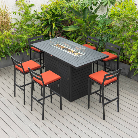 Chelsea 7-Piece Patio Bar Set: Aluminum Fire Pit Table with Tank Holder & 6 Barstools with Cushions