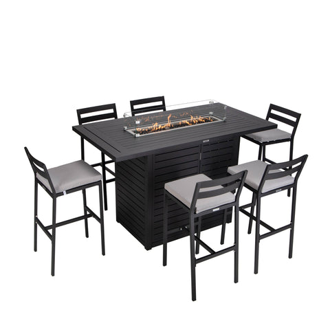 Chelsea 7-Piece Patio Bar Set: Aluminum Fire Pit Table with Tank Holder & 6 Barstools with Cushions