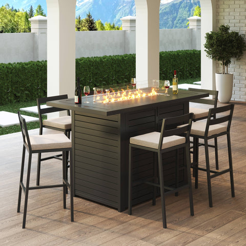 Chelsea 7-Piece Patio Bar Set: Aluminum Fire Pit Table with Tank Holder & 6 Barstools with Cushions