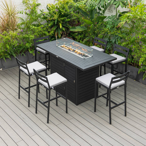 Chelsea 7-Piece Patio Bar Set: Aluminum Fire Pit Table with Tank Holder & 6 Barstools with Cushions