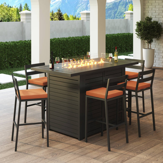 Chelsea 7-Piece Patio Bar Set: Aluminum Fire Pit Table with Tank Holder & 6 Barstools with Cushions