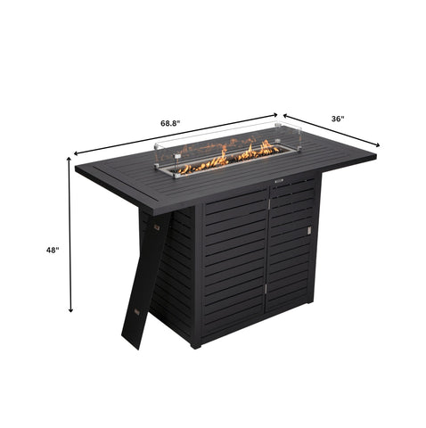 Chelsea Rectangular Aluminum Fire Pit Bar Table with Lid Glass Guard and Tank Holder