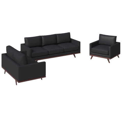 Chester 3-Piece Leather Living Room Sofa Set with Birch Wood Base