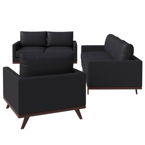 Chester 3-Piece Leather Living Room Sofa Set with Birch Wood Base