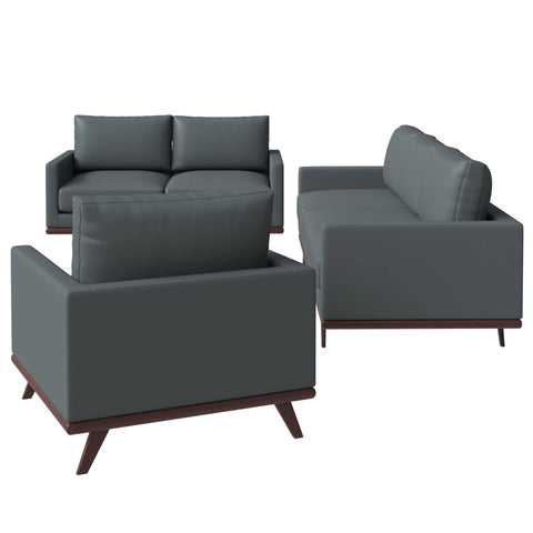 Chester 3-Piece Leather Living Room Sofa Set with Birch Wood Base