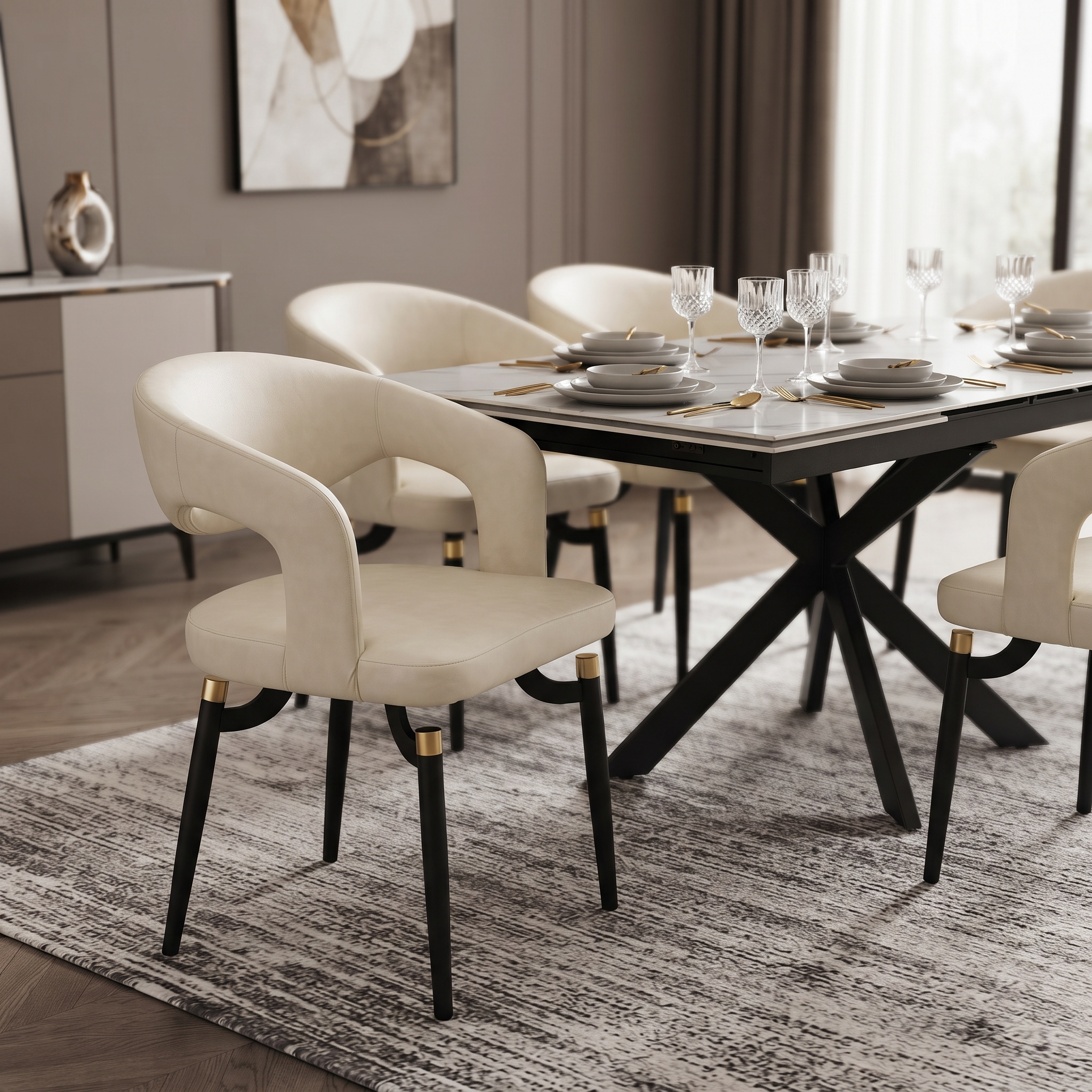 Entice Leather Dining Chair with Curved Open Back and Iron Legs