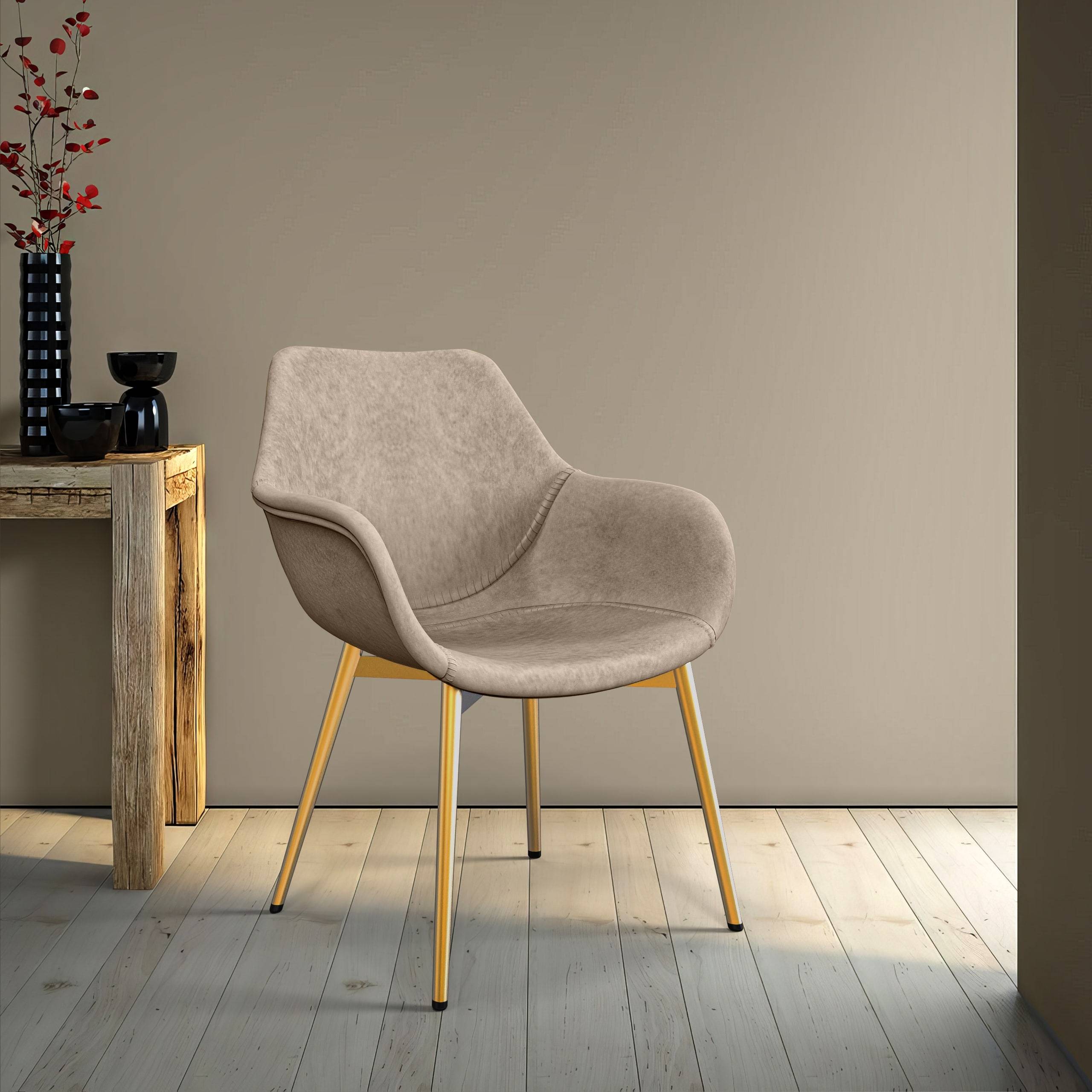 Markley Modern Leather Dining Arm Chair With Black/Gold Metal Legs