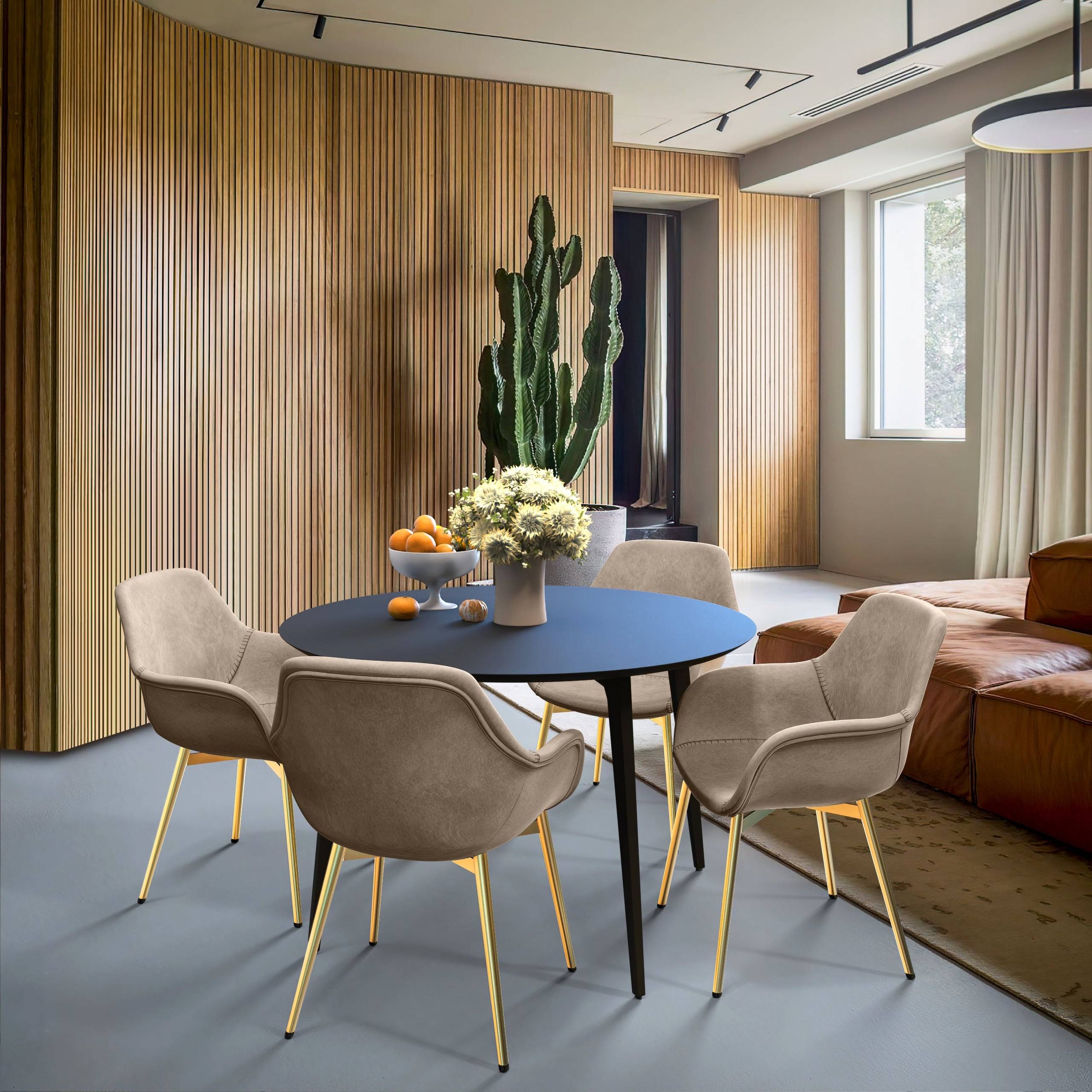 Markley Modern Leather Dining Arm Chair With Black/Gold Metal Legs