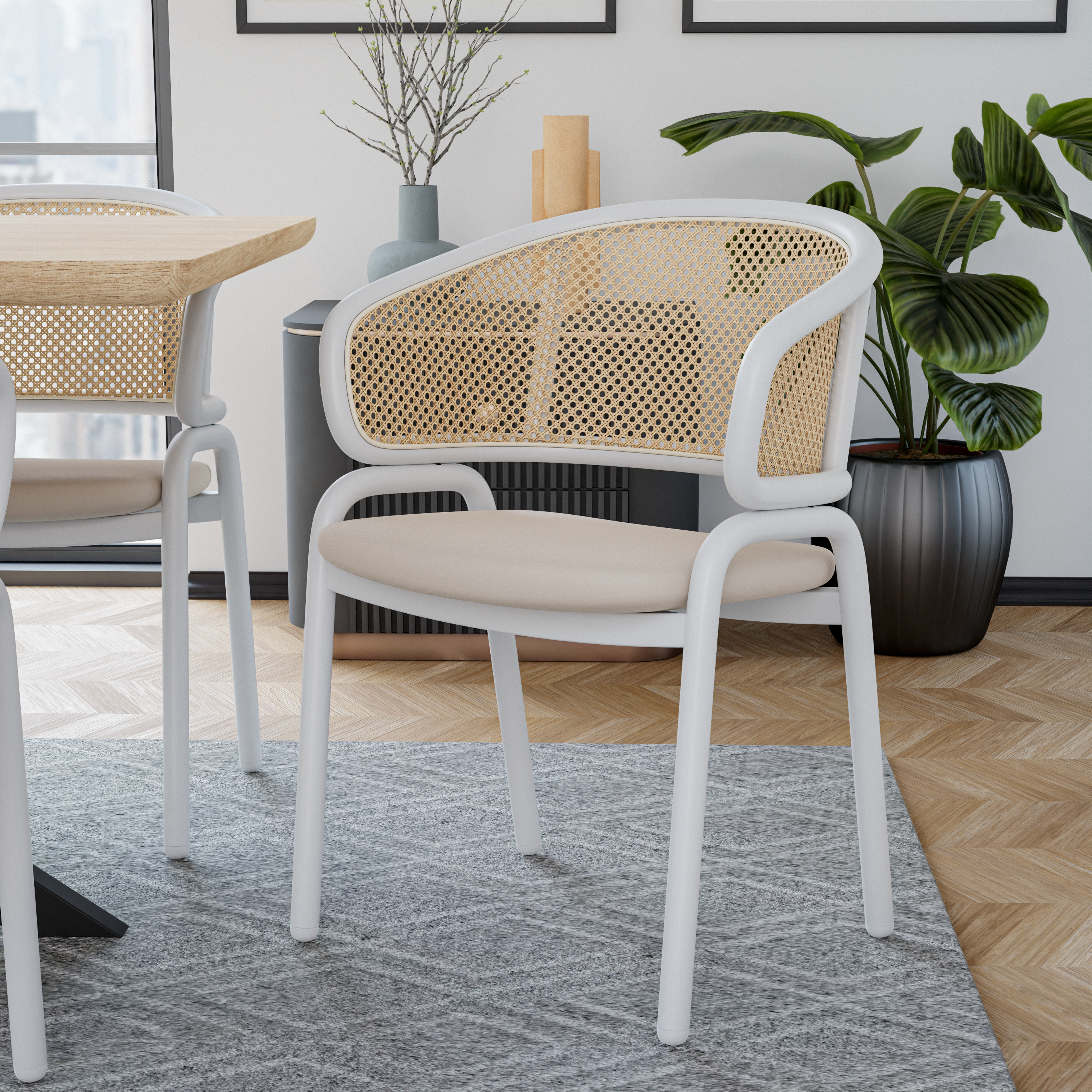 Ervilla Leather Dining Armchair in Black/White Stainless Steel Base With Wicker Back