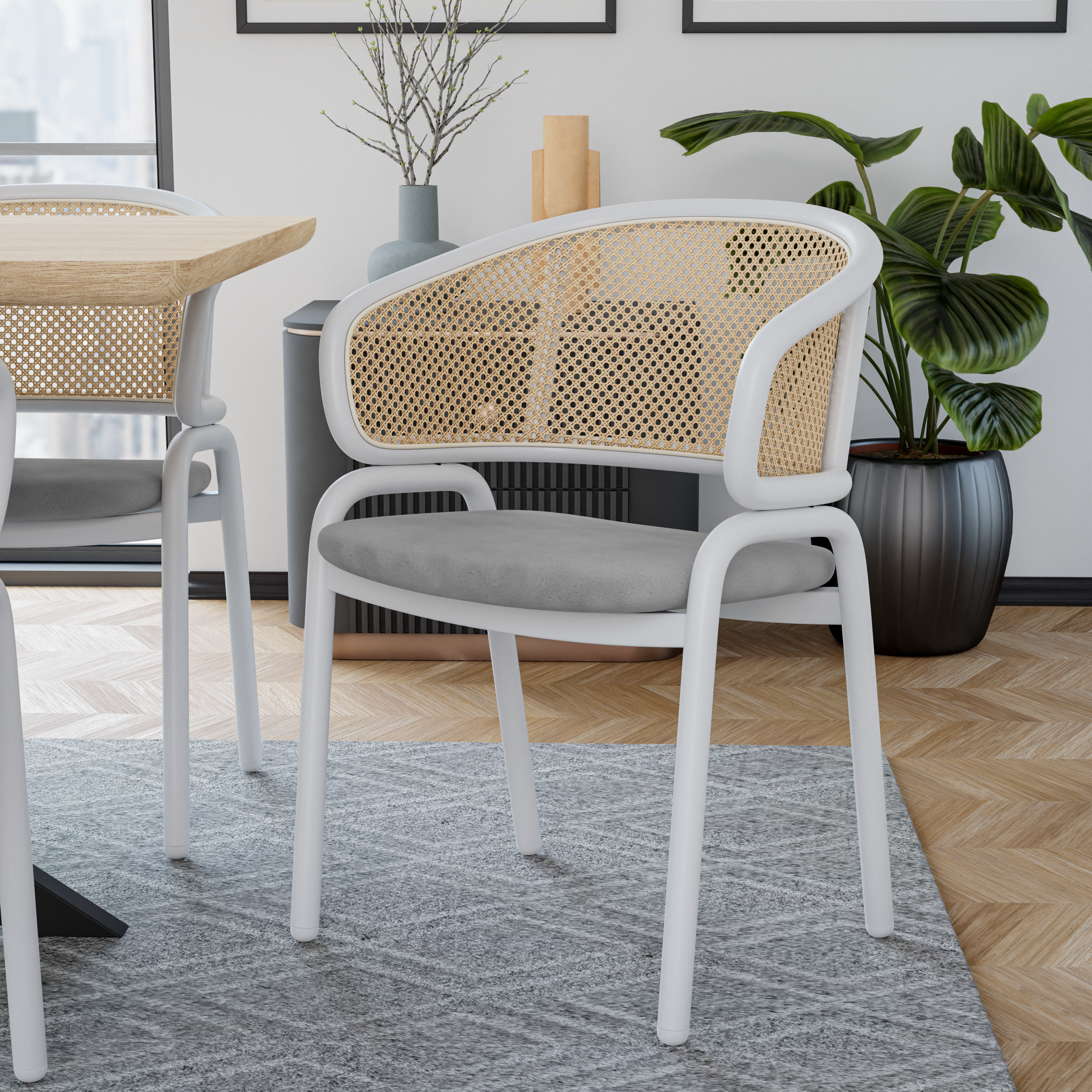 Ervilla Leather Dining Armchair in Black/White Stainless Steel Base With Wicker Back