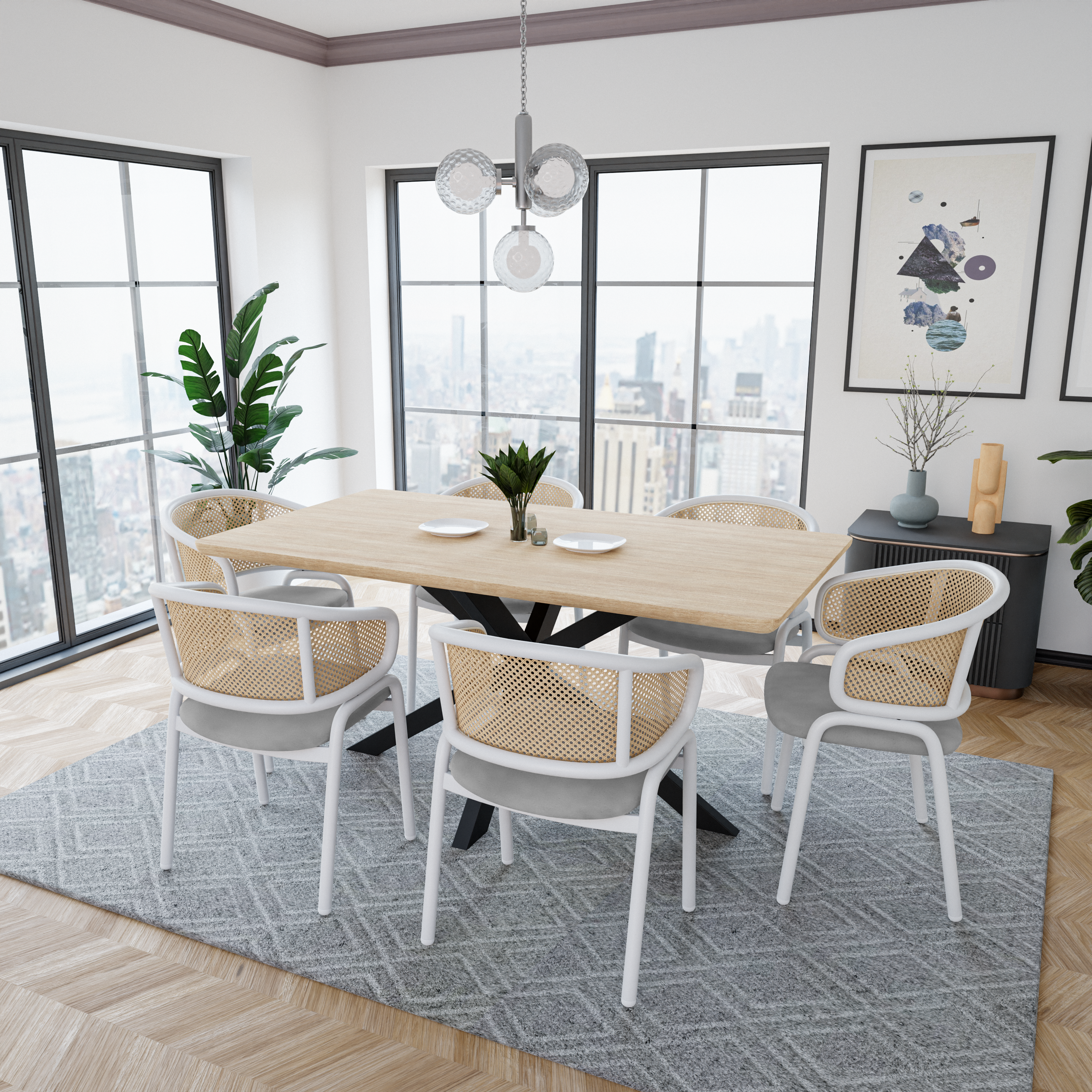 Ervilla Leather Dining Armchair in Black/White Stainless Steel Base With Wicker Back